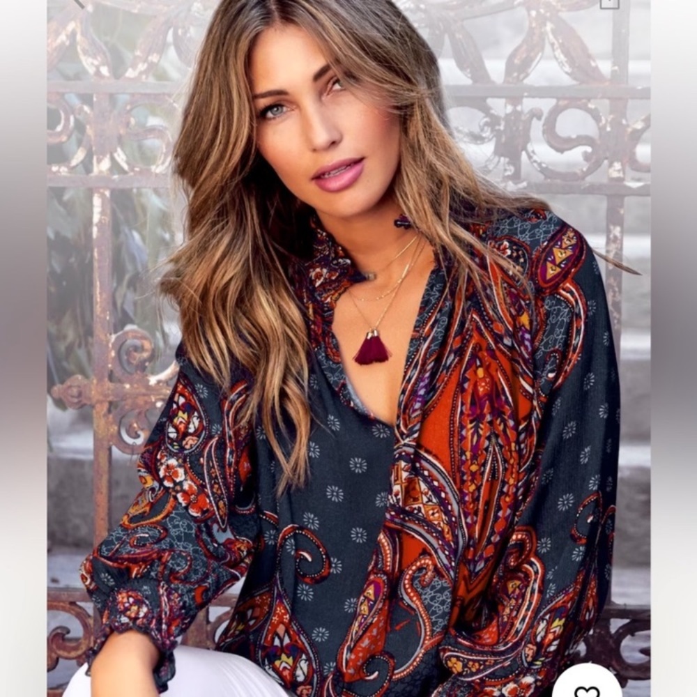 Venus Peasant Boho L Blouse Smocked Top Paisley Colorful Western Americana - Picture 2 of 10